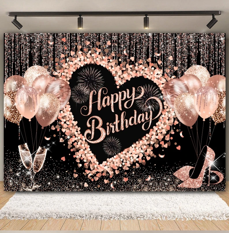 Sfondo di compleanno con palloncino glitterato in oro rosa donne ragazze 16th 18th Birthday Party Cake Smash Photography Background Photo Studio