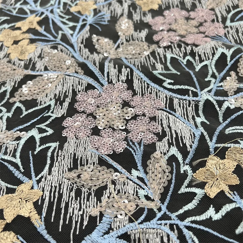 

1yard Luxury Heavy Industry sequin Flower Embroidery lace fabrics cheongsam wedding dress accessories fabric for material