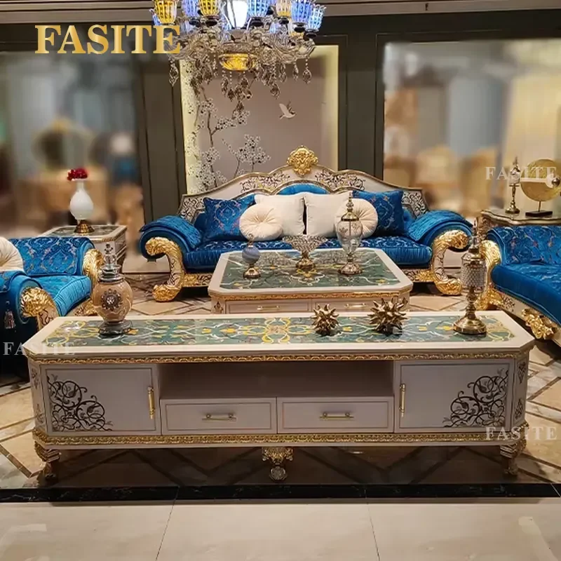 For Italian Luxury Carved Solid Wood Sofa European Royal Velvet Fabric Upholstered 1 2 4 Seat Sectional Living Room Furniture