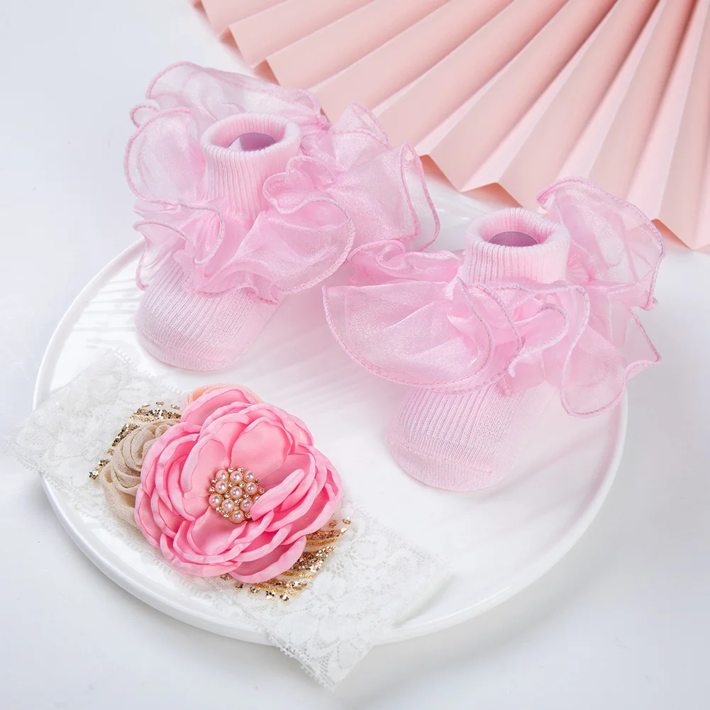 3 teile/satz Perle Spitze Baby Stirnbänder Socken Seide Blume Haar bänder Organza kurze Socke Neugeborene Baby Boyes Mädchen Fotografie Requisiten