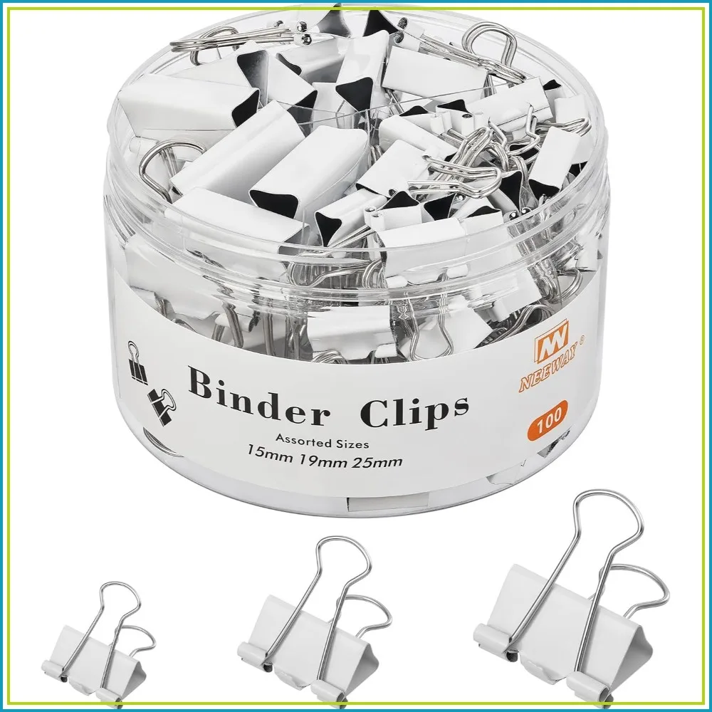 100 Binder Clips, 3 Sizes (0.6/0.75/1 Inch), White Metal Paper Clamps for Office & Home