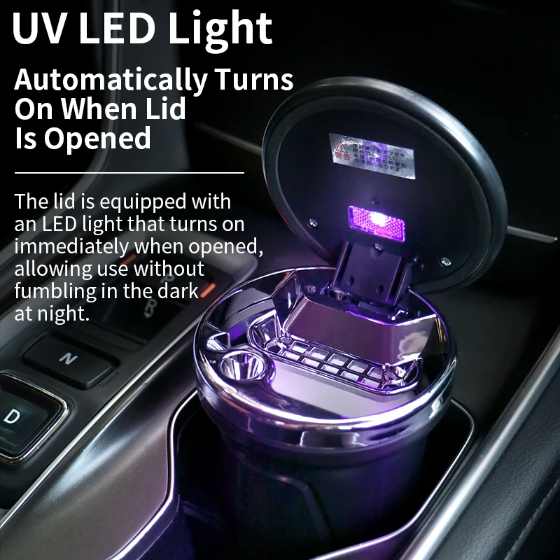 Luxury Auto Ashtray Wood Grain Lid UV LED Light One-Click Open Flame Retardant Ceramic Liner Reduce Smoke Hazards