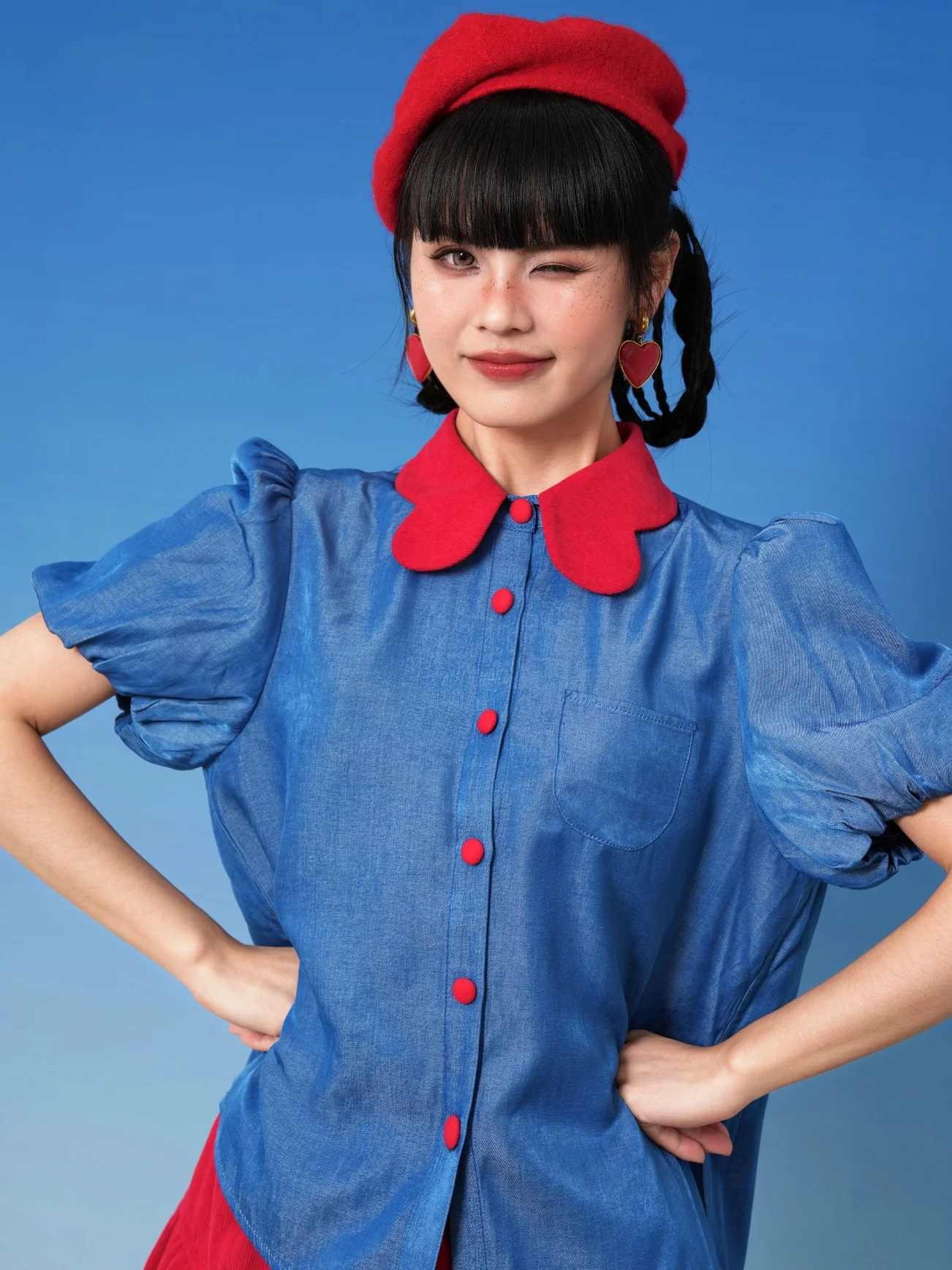 

Nopmob Red And Blue Denim Patchwork ort Sve Doll Collar irt Set Summer Loose Fit UV Protection Pure Color Button Closure