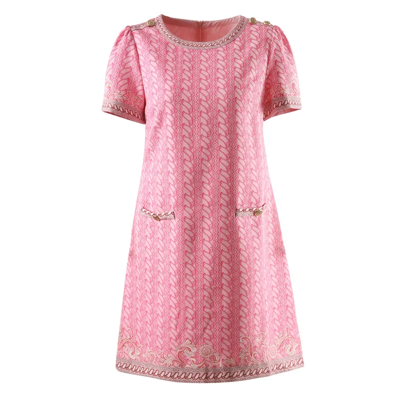 New Summer Fashion Designer Pink Vintage Print Vestidos Women's O-neck Short Sleeve Button Pockets Casual Loose Mini Dress