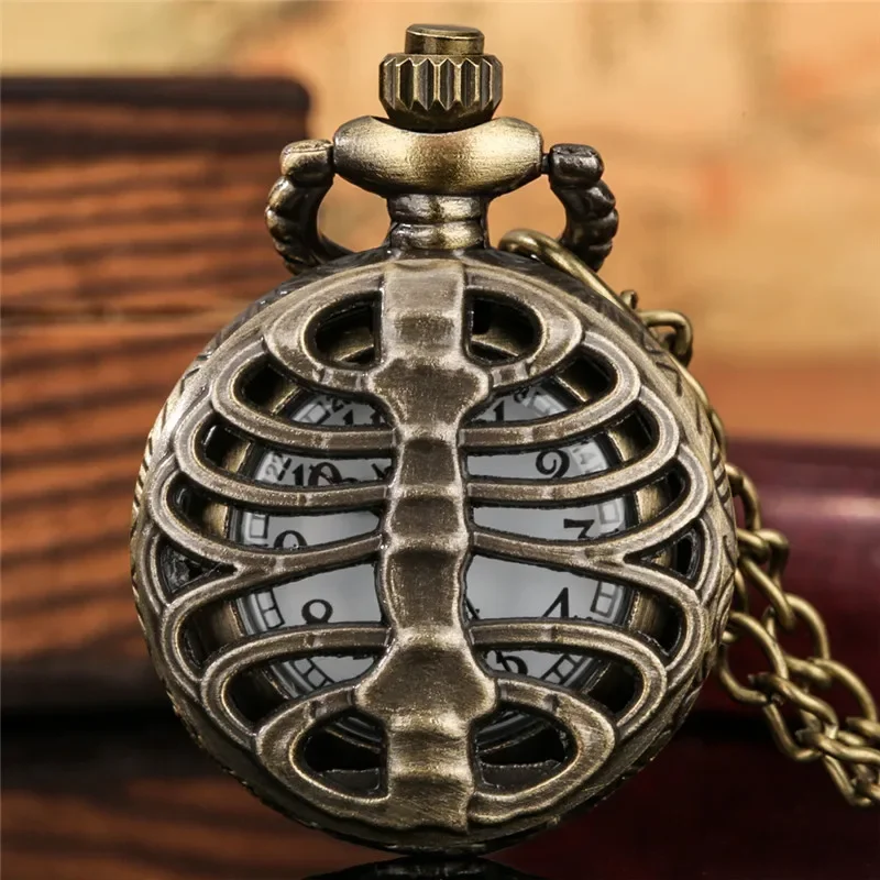 Steampunk Half Hunter Skull Bone Case Men Women Analog Quartz Pocket Watch Arabic Number Display with Necklace Chain	 Timepiece