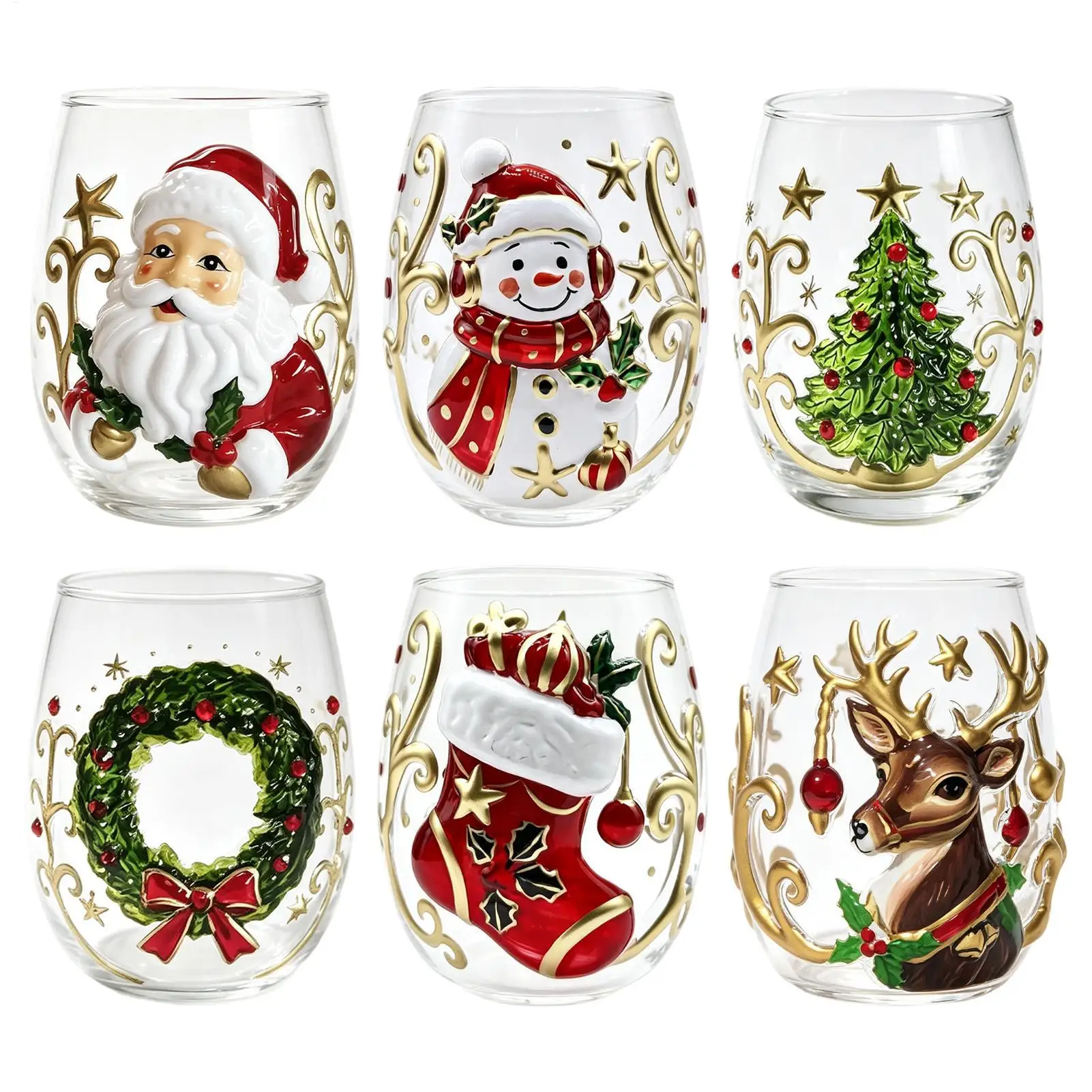 Wine Glasses Shiny Lead-Proof Seasonal Decoration Christmas 3D Santa Drink Glass for Tea Juice Cocktail Water Soda Beer Milk