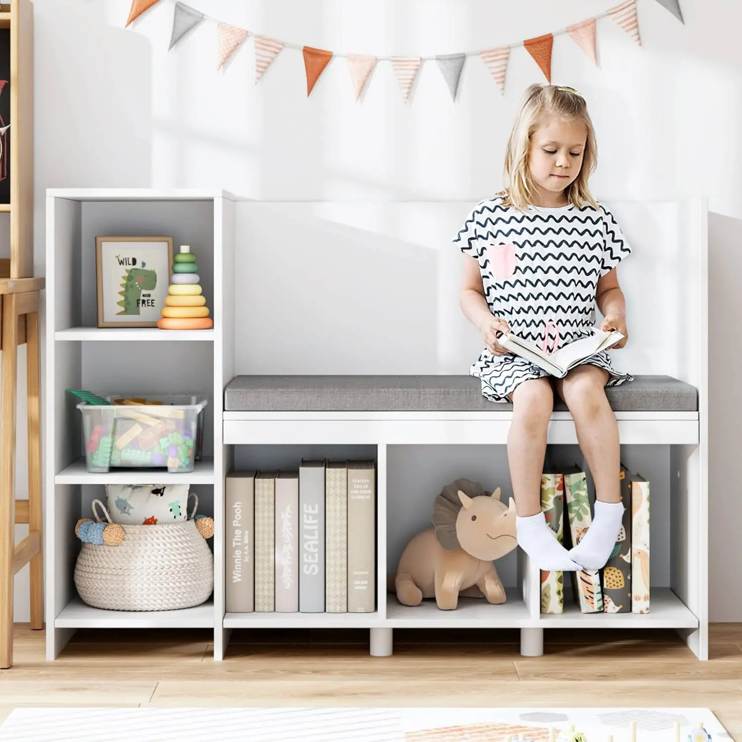 43,3-calowa ławka do czytania dla dzieci, półka na książki i regał z poduszką do siedzenia, 6-Cubby Book Shelf Storage Organizer fo