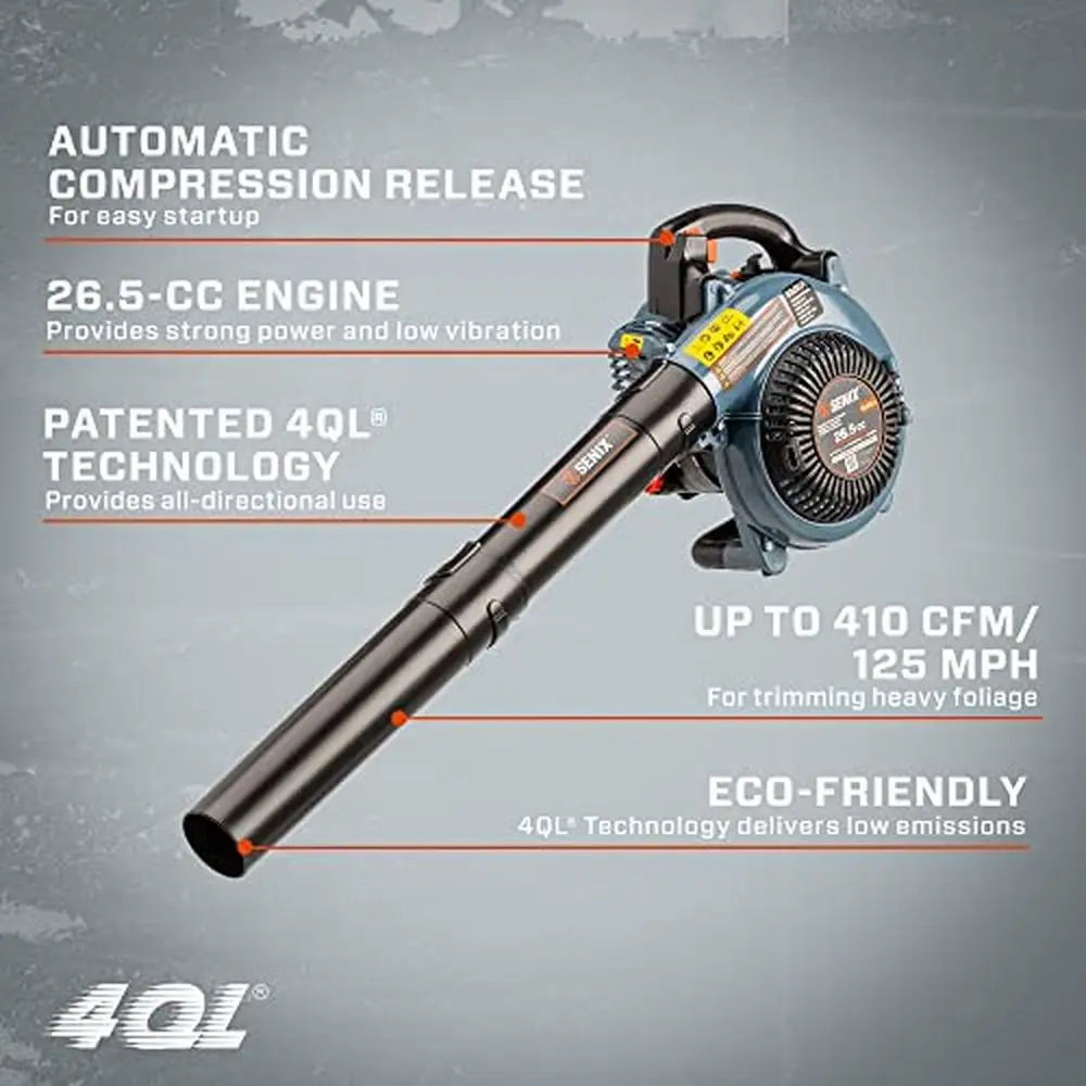 4QL 26.5cc Handheld Gas Leaf Blower Lightweight Easy Start Dual Grip 410 CFM/125 MPH Low Emission All-Directional Lubrication