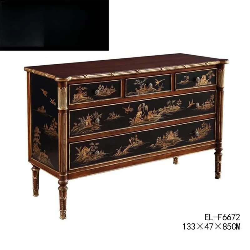 

European French classical black paint hand-painted landscape pavilion with veneer countertop, two dining side cabinets