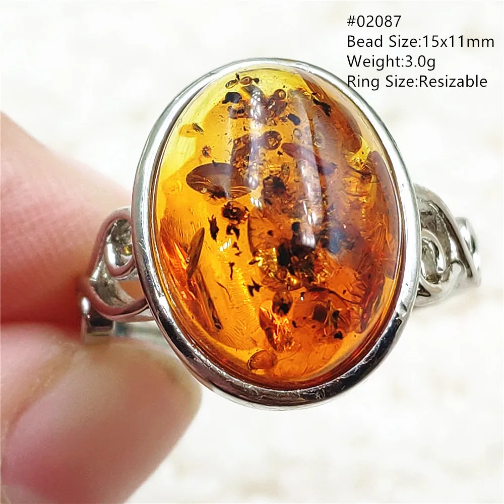 Genuine Natural Piebald Amber Adjustable Ring Gemstone Yellow Amber Ring Women Oval Beads 925 Sterling Silver AAAAA