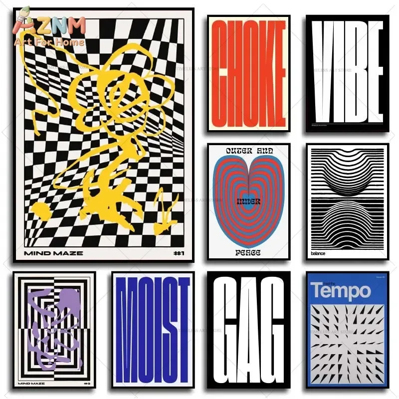 

Современное абстрактное настенное искусство AZNM с рисунком в виде шахматной доски и типографским шрифтом, постер с геометрическим принтом в стиле ретро 70-х годов, яркий красочный постер Mind Ma