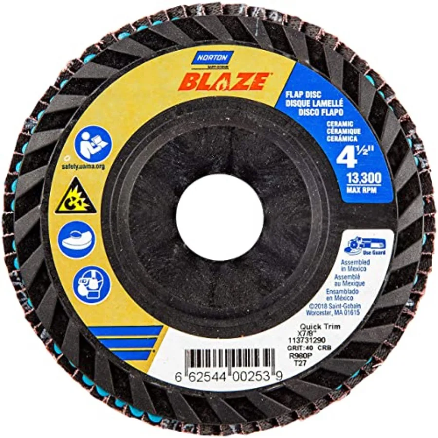 

Круги лепестковые быстрорежущие 4-1/2x7/8 Blaze R980P, керамический оксид алюминия, тип 27, зернистость 40, грубые, 10 шт. в упаковке, для шлифовки металла, красные