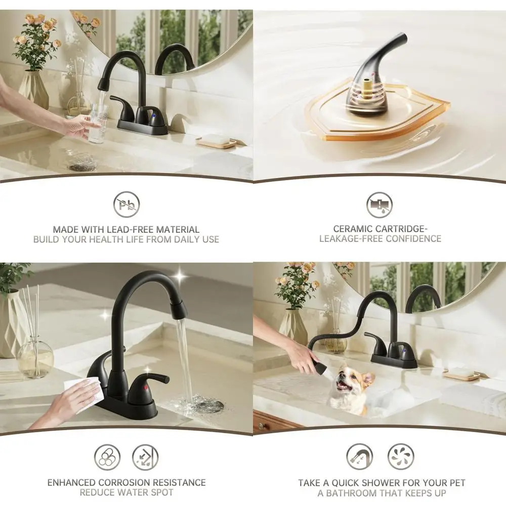 

Matte Black 3-Hole Bathroom Sink Faucet with Pull-Out Spray, 4 Centerset, 2 Handles, Swivel Spout, Metal Drain & Lines