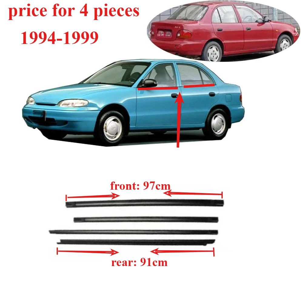 4 Pieces Set Outer Moudling Belt Line Seal for Hyundai Accent 1994-1999 Weatherstrip Glass Rubber 97cm 91cm 82210-22000