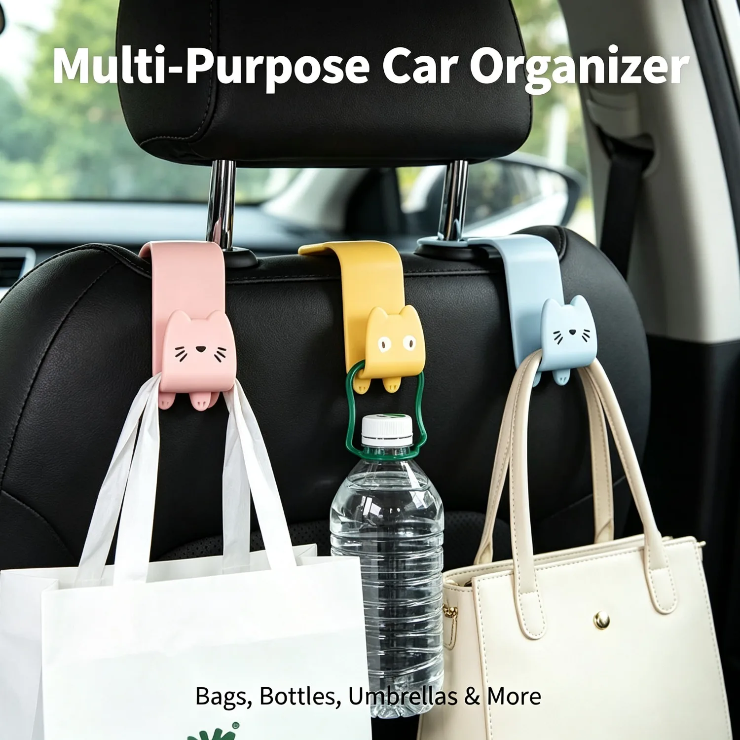 Cartoon Car Seat Back Hooks 2 Pcs, Cute Cat Headrest Hanger for Handbag Grocery, Thickened Plastic Car Organizer for Bag