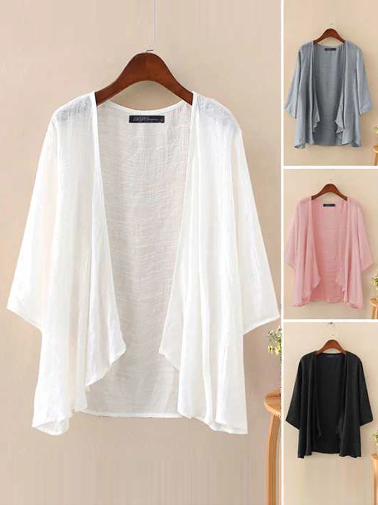 Moda jednolite kardigany damska letnia bluzka 2023 ZANZEA Casual z długim rękawem Blusas kobieta cienka tunikowe bluzki Kimono Cape Plus rozmiar