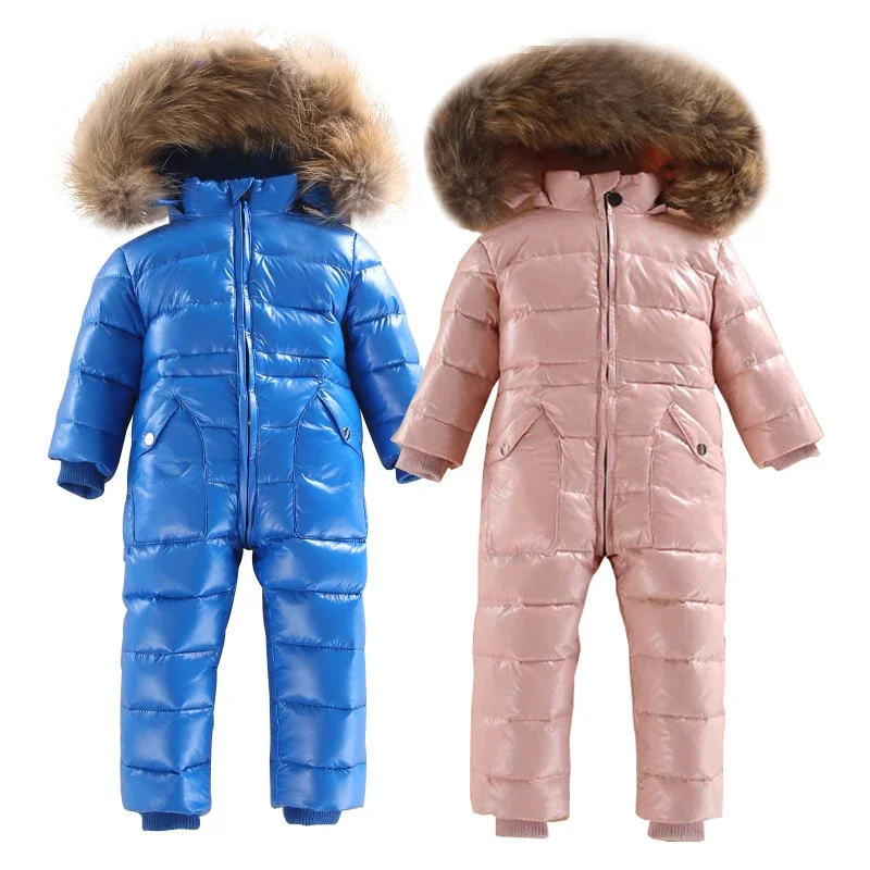 2024 Warm Winter Baby Boy Rompers Fur Hooded Down Todder Girls One Piece Snow Jumpsuits Windproof Children Onesies Kids Clothes