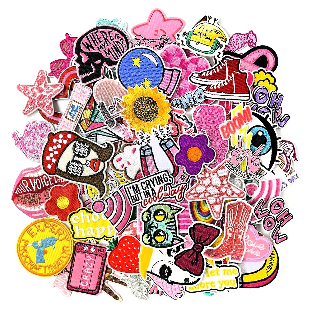 100Pcs/Lot Random Mix Iron on Patches Embroidered Applique Clothes Accessories Apparel Supplies Decoration Cloth Patch Pink