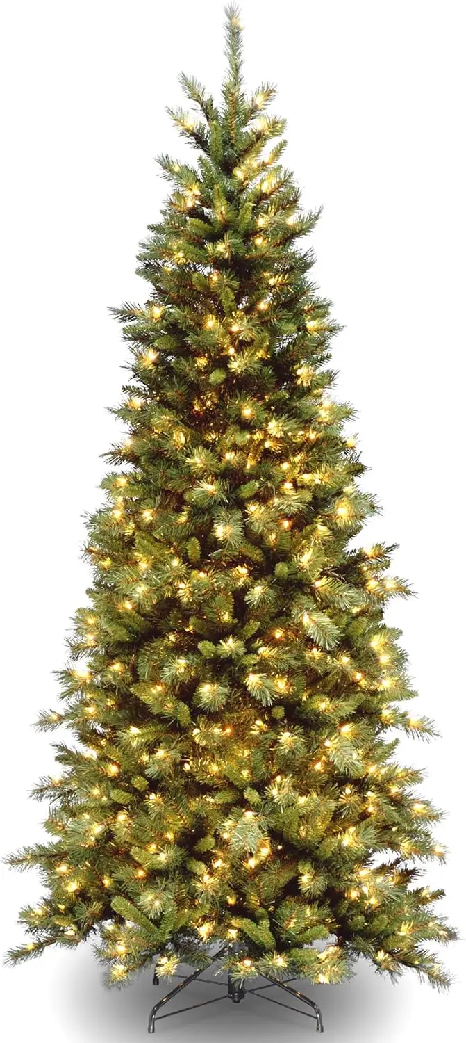 Pre-Lit Artificial Slim Christmas Tree, Green, Tiffany Fir, White Lights, Includes Stand, 7.5 Feet