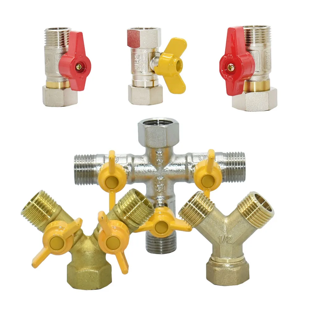 Brass Male Female 1/2 inch Thread Connector water splitter Valve Copper 3/4 Thread 2/3-way Pipe Tap Metal Water Pipe Fittings