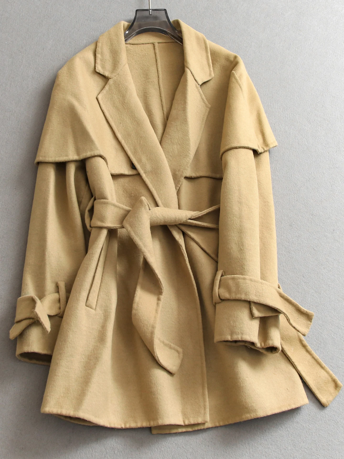 Detachable Double-Breasted Double-Faced Woolen Coat Korean Style Slim Fit Shoulder Drop Sleeves Long Sleeve Pure Color Outerwear