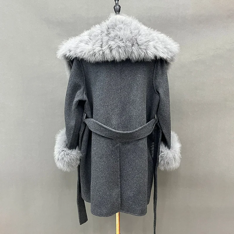 2024 Lady Elegant Wool Coats Winter Fashion Real Fox Fur Collar Wool Trench Coat Medium Length Overcoat