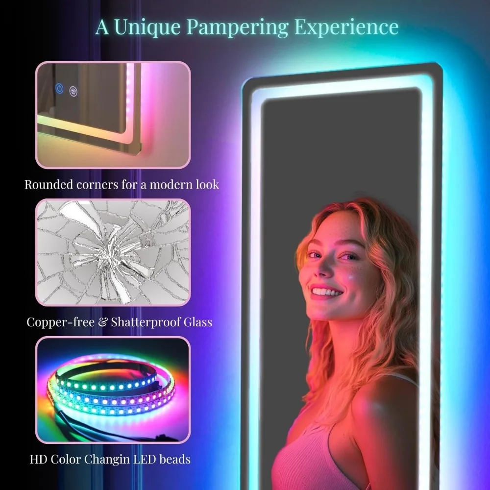 LED-verlichte spiegel over de volledige lengte, wandmontage, RGB dimbaar, slaapkamer, 42,32x14 inch, luxe meubilair