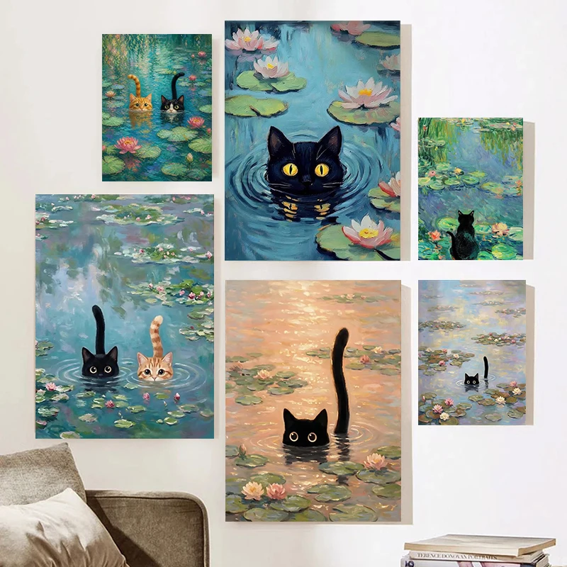 Monet-inspirierte Katzen in Seerosen-Wandkunst auf Leinwand, Vintage-Kunst mit schwarzer Katze, Blumendruck, lustiger Katzendruck für die Heimdekoration