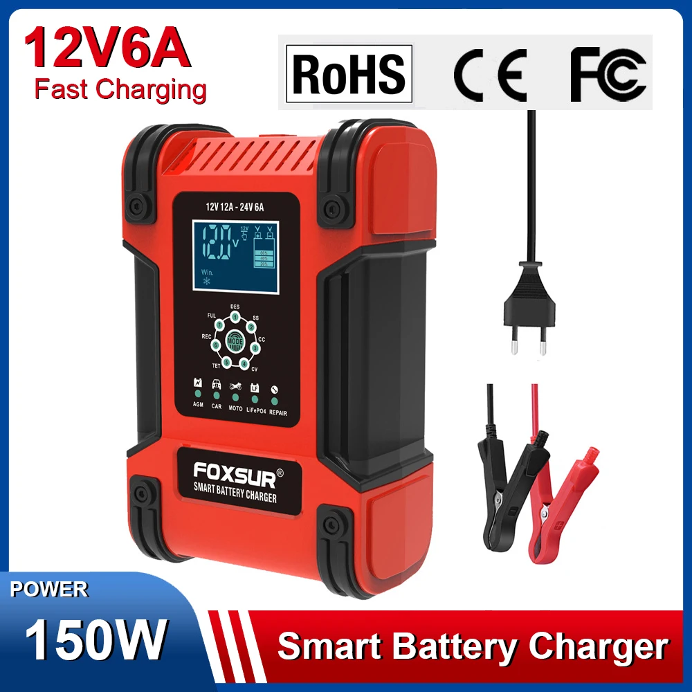 

12V 24V Smart LiFePO4 Charger for AGM Lead-acid Lithium Iron Phosphate Battery Charger 12A Car Motorcycle Battery Charger