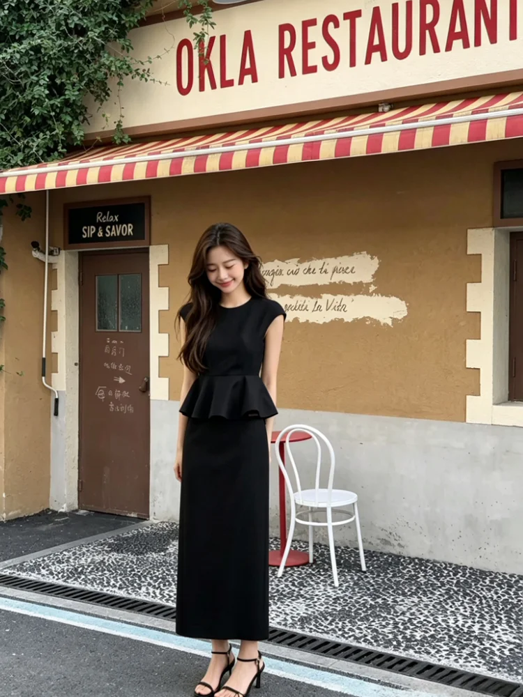 

Black Belted Strap Vest High Waist Midi Skirt Set Women's Fashion Korean Style Summer New Arrival Casual Wear Two-Piece Suit