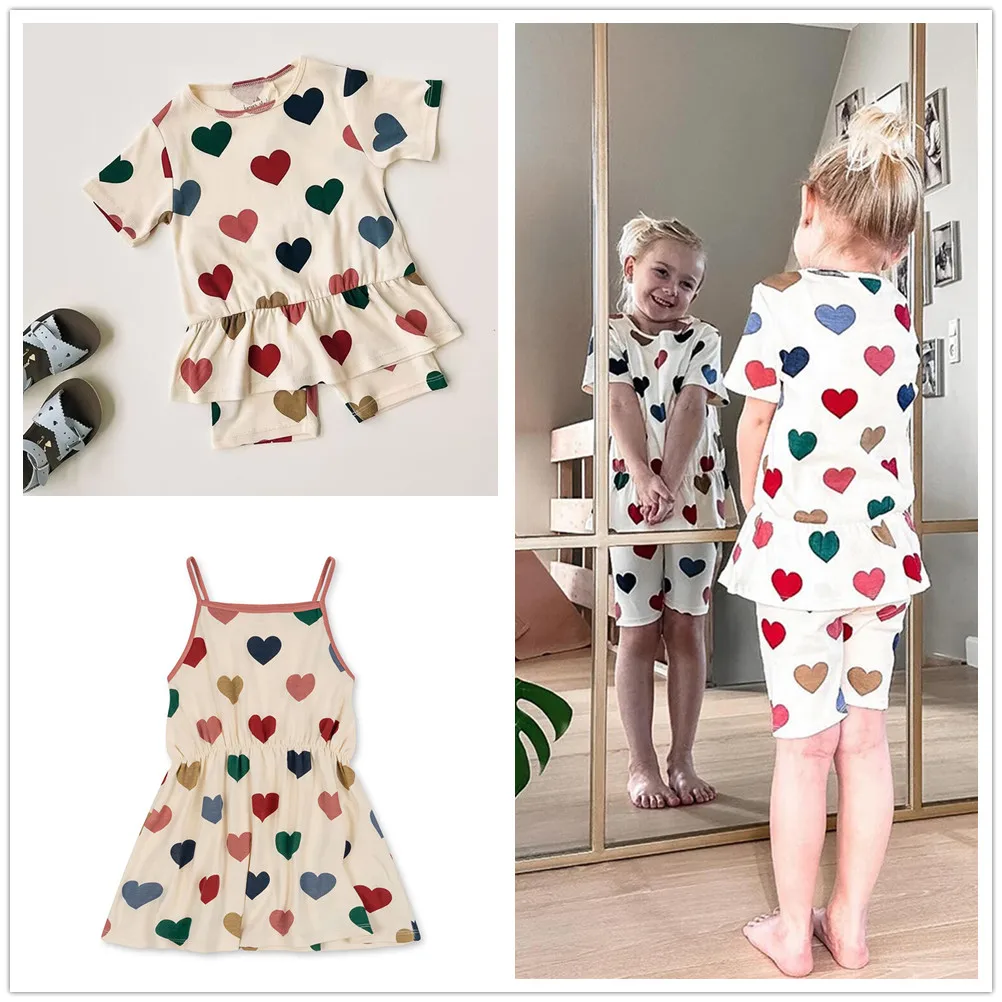 

Mother Kids Stock 2024 Summer New Children's Wear Ks Same Color Love Doll Shirt+Pant Halter Dress Home Set Girls