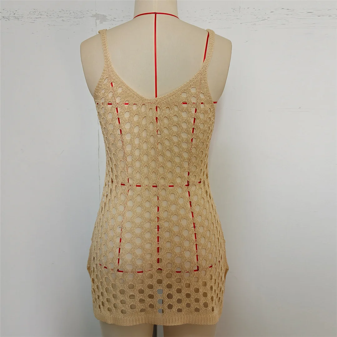 Ausgehöhlte, ärmellose, einfarbige, gehäkelte, gestrickte Tunika, Strand-Überwurf, Strandkleid, Strandmode, Damen V8246 – Detail 12