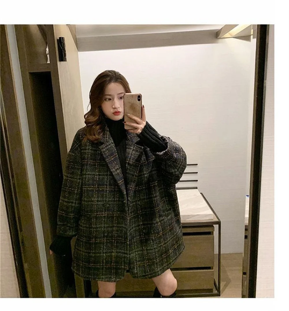 Vintage Mode Pendler Plaid mittellangen Woll mantel Frauen 2023 Frühling Herbst neue koreanische lose und bequem erscheinen dünn