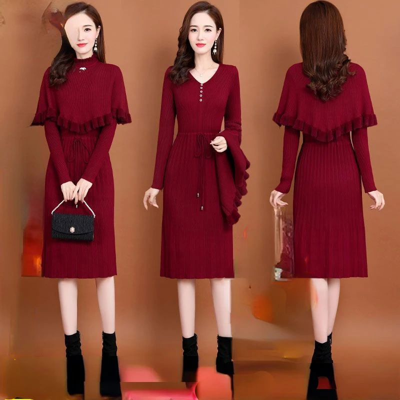 

Large Women's Autumn Suit Female New Style Loose Sweater Knitting Thin Two-piece Ladies V-neck Dress and Cardigan G539