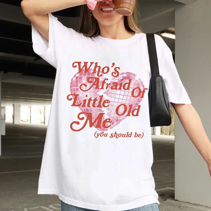 Who Afraid Of Little Old Me Heart Printed Pattern Fun Short Sleeve Basic Sweet Top T-Shirt Printed O-Neck Fashion Loose T-Shirt