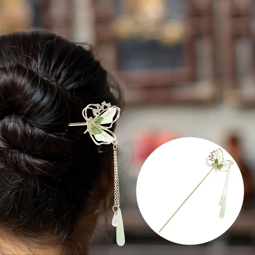 

Vintage Green Butterfly Tassel Hairpin Handmade Chinese Accessory for Women Bun Styling Durable Soft Materials