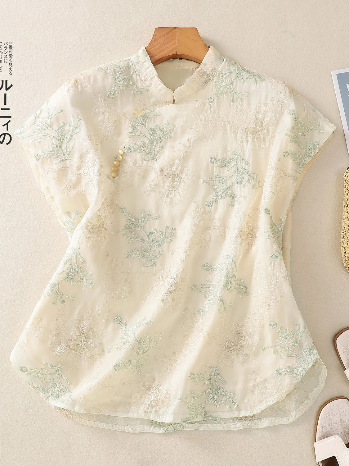 

Elegant Soft Chinese Style Silk Shirt Embroidered Stand Collar Women's Summer Fairy Atmosphere Gentle Small Top