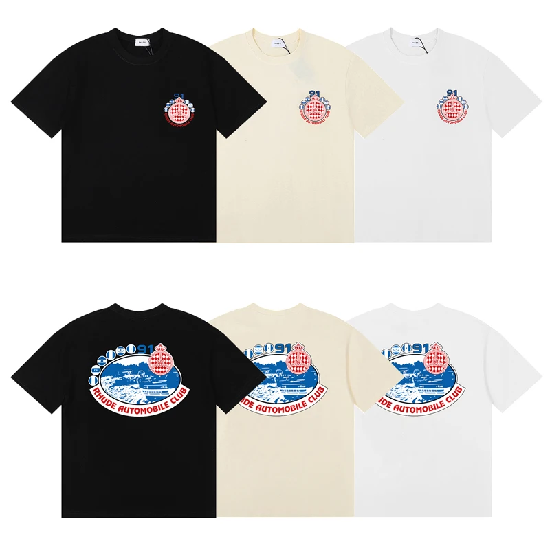 Rhude Automobile Club Print Tee Vintage Black Casual Loose Short Sleeve Tops
