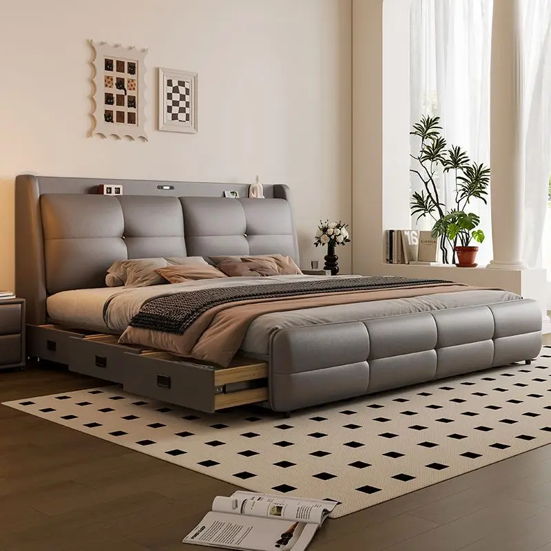 200x220 سنتيمتر الجلود سرير مزدوج الملك الحجم الإطار الملكة سرير مزدوج فاخر متعدد الوظائف سرير الزفاف درج خشبي أثاث غرفة نوم #3