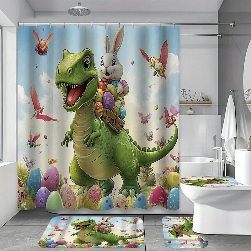 

4 шт. "3D набор пасхальных занавесок для душа с динозавром и ковриком для ванной, U-образной подушкой, чехлом на сиденье унитаза - водонепроницаемый полиэстер, декор для ванной комнаты"