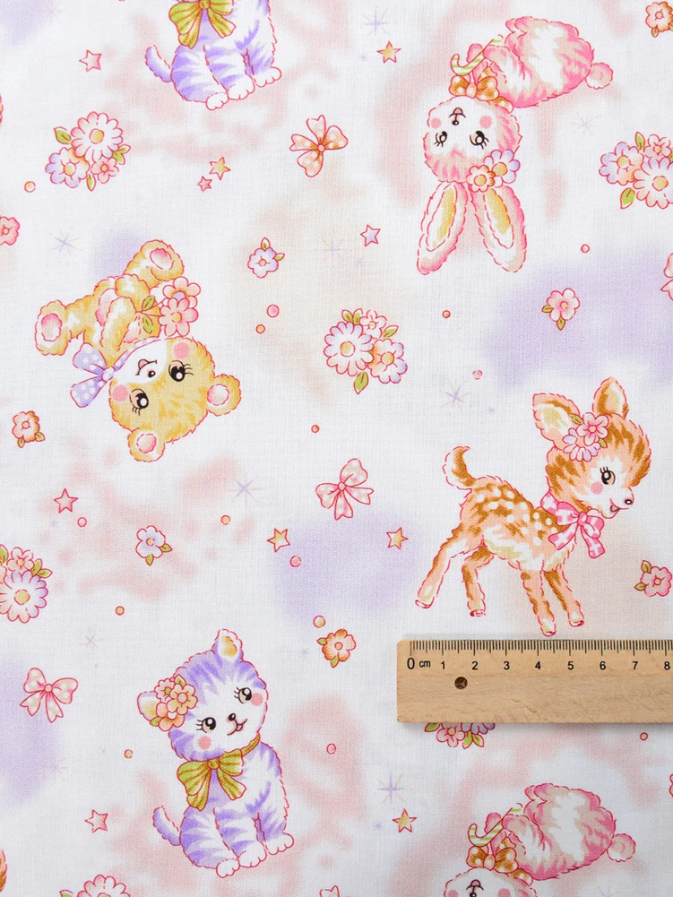 Rabbit Cat Pure Cotton Fabric Handmade DIY Clothing Cute Cartoon Showa Style Small Animal by Half Meter