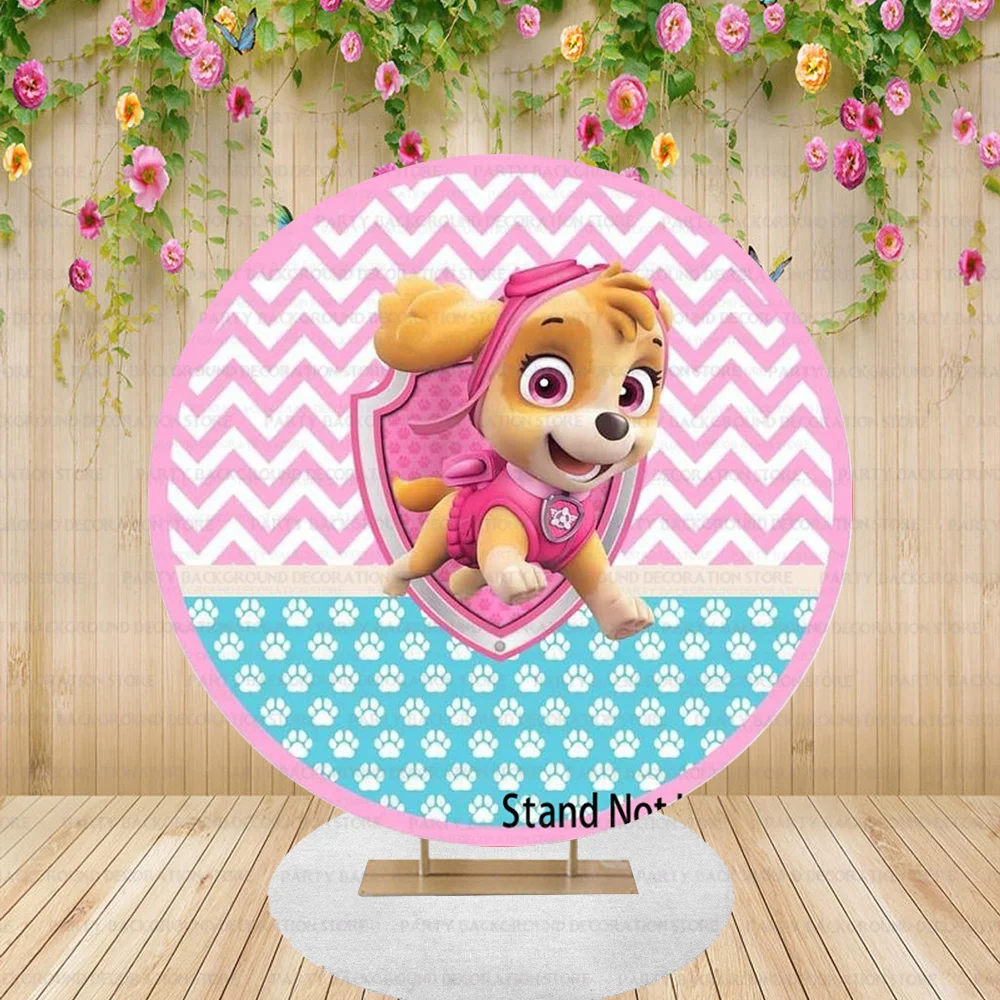 خلفية كرتونية مستديرة باللون الأزرق والوردي ، لافتة خلفية للاستحمام للأطفال ، خلفية للفتيات ، دورية سكاي باو ايفرست ، تصوير حفل عيد ميلاد