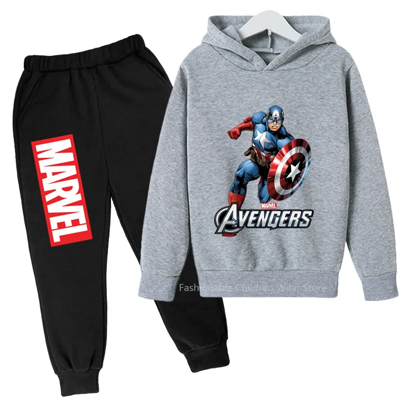 

New Marvel Captain America Print Hoodie & Pants Set - Kids' Cotton Capped Outfit for Casual Outdoor Styles