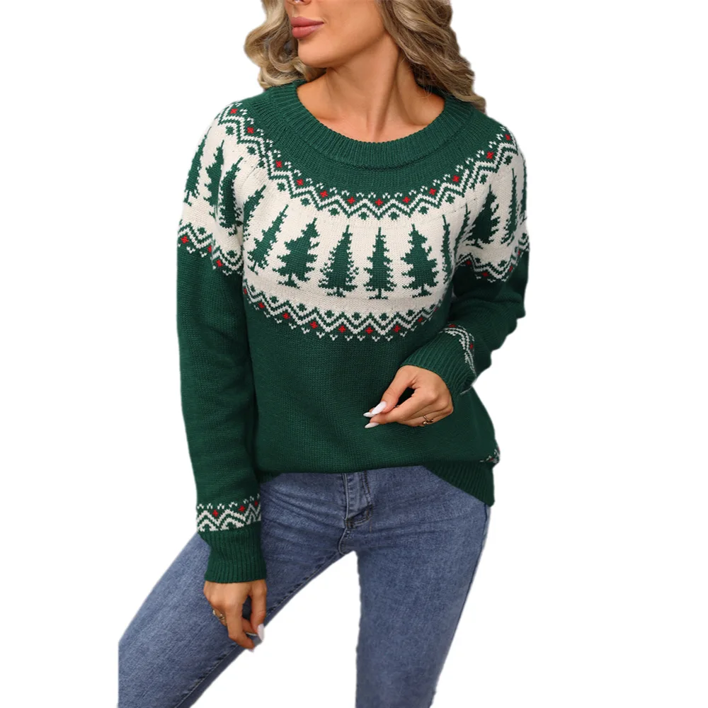 

Women Christmas Pullovers Jumpers Jacquard Spliced Sweaters Knitted O Neck Long Sleeve Loose Elegant Casual Autumn Winter 2025