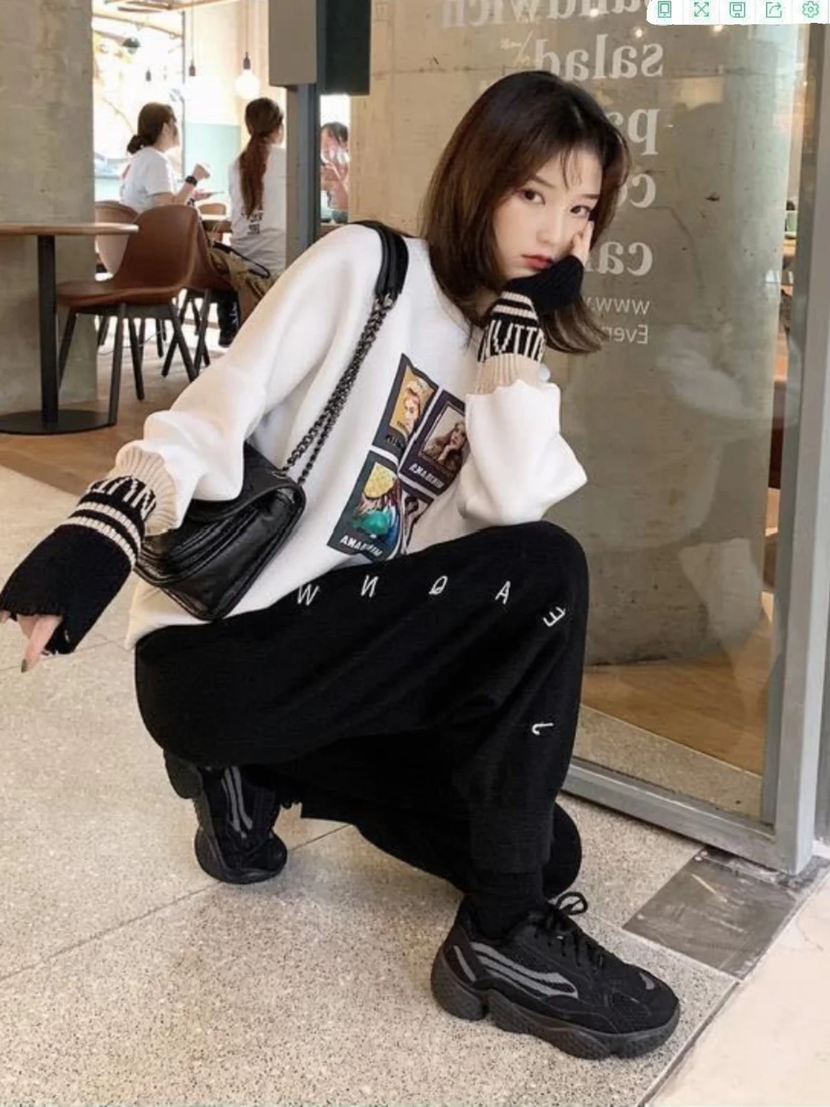 plus Size Casual Pants Women's High Waist Harlan Trousers Loose Slimming Cuffed Letter Print Spring Autumn Winter New Arrival