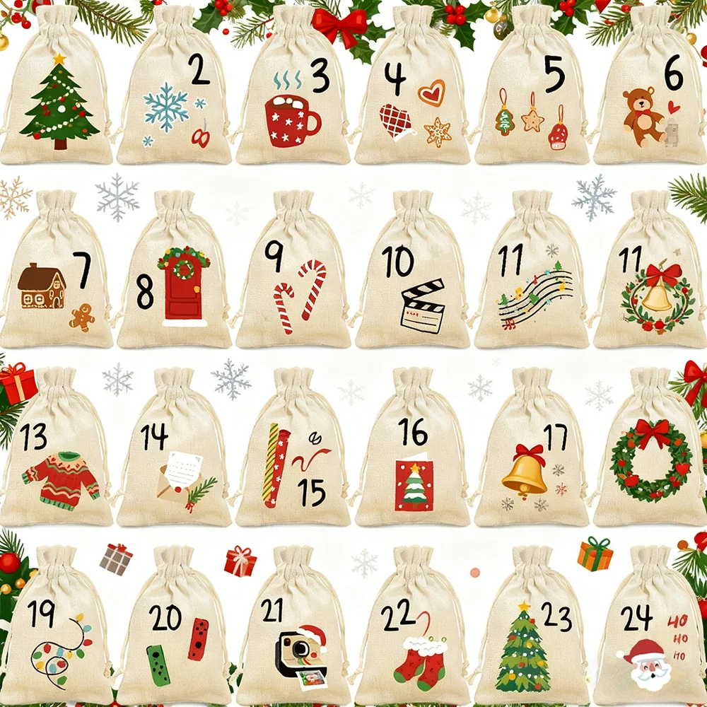 Sacs de calendrier de l'avent de noël 10x14cm, 24 pièces, sacs cadeaux à cordon de dessin animé, pochettes à cordon de compte à rebours pour bonbons, collations, fête