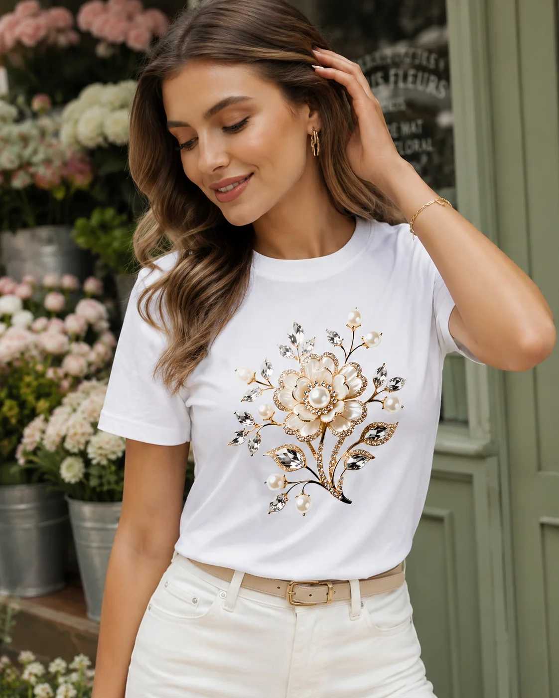 Street Fashion Logo - Dames casual T-shirt met parel bloemenprint
