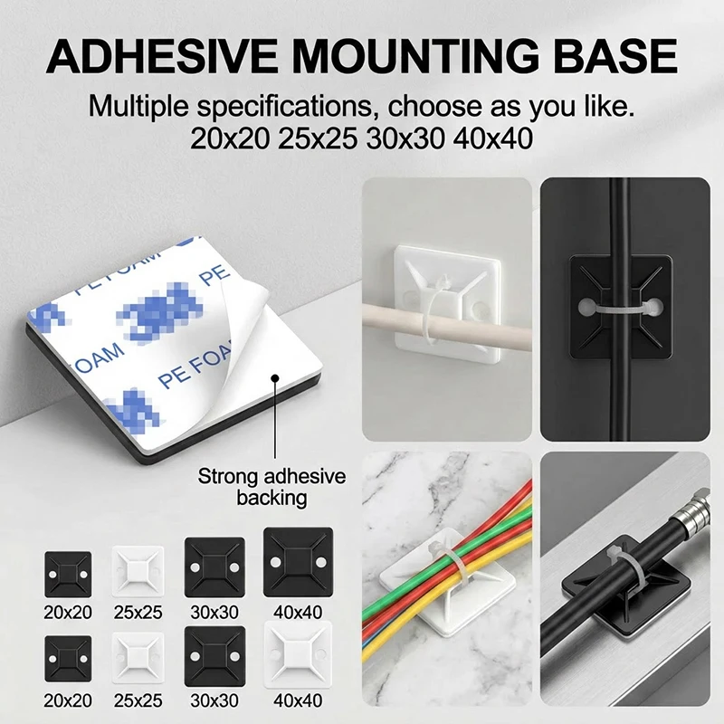 250/500/1000pcs Zip Tie Mounts Durable Clip Clamp Wall Holder Base Adhesive Backed Cable Ties Mount Holder Cable Wire