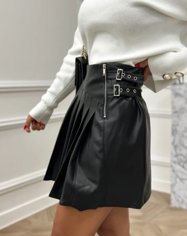 Eyelet Zipper Design Pleated Pu Leather Skirt 2023 New Fashion Hot Selling Sexy and Beautiful High-End Short Skirt