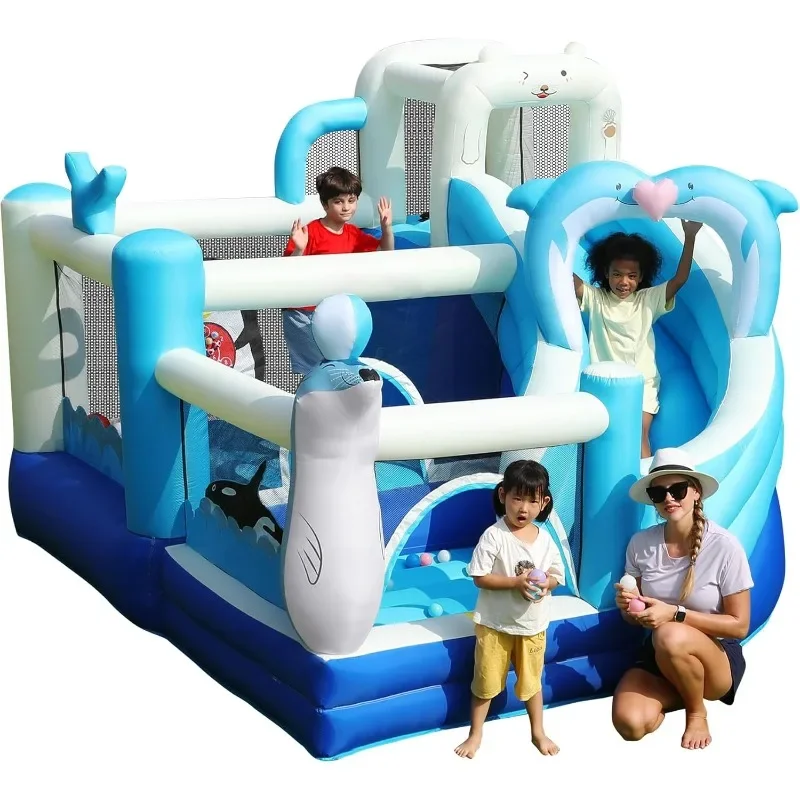 

Inflatable Bounce House,Kids Bouncy Castle with Slide, Ocean Bouncer Ball Pit,Blower,Jumping Area for Outdoor Indoor